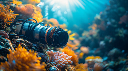A remotely operated underwater vehicle with cables on the seabed, surrounded by colorful corals, symbolizing technological exploration in harmony with nature, with a blurred empty background space