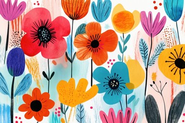 Fototapeta premium Brightly colored flowers and leaves create a lively pattern, featuring red, orange, blue, and yellow blooms against a dynamic background