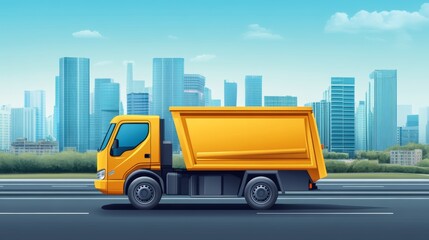 Naklejka premium Yellow dump truck traveling along a city road with modern skyscrapers under a bright blue sky