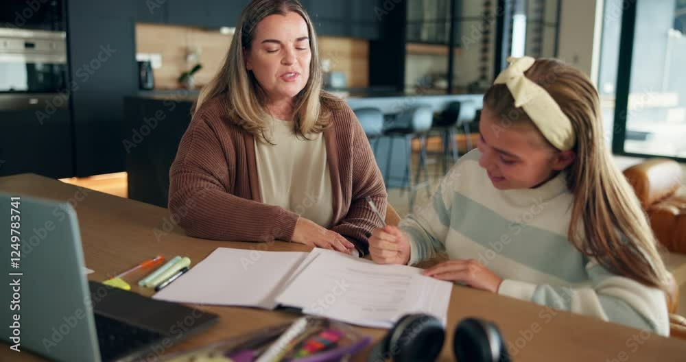 Poster home, mother and helping girl with studying for learning support, homework lesson and knowledge deve