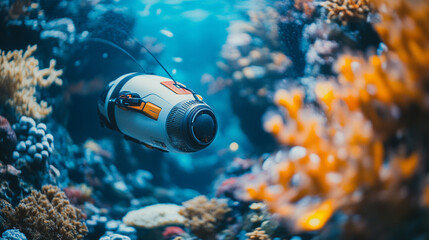 A remotely operated underwater vehicle with cables on the seabed, surrounded by colorful corals, symbolizing technological exploration in harmony with nature, with a blurred empty background space