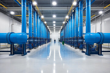 Industrial facility with blue piping and tall columns