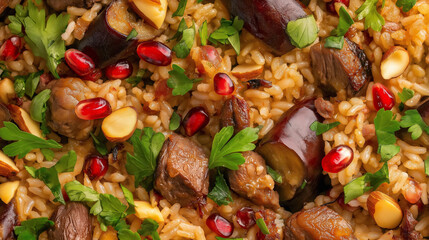 Fototapeta premium A close-up of maklouba, a Middle Eastern dish with layered rice, lamb, eggplant, almonds, and pomegranate seeds, highlighting its rich textures and golden hues.