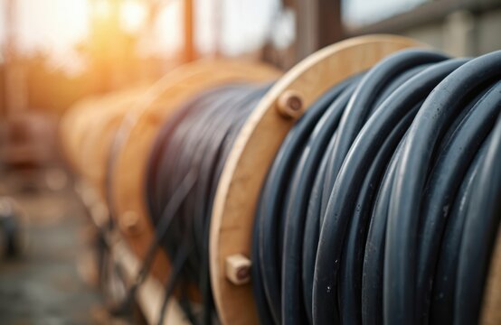 Close-up view of coiled black power cable on wooden reels. Cable prepared for underground laying. Industrial storage setting. Equipment for energy supply. Large quantity of wire. New cable wound