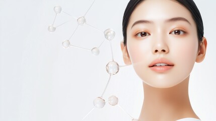 Radiant Skincare: A young woman with flawless, glowing skin is the focus of this image, with abstract skincare molecule illustrations softly integrated, suggesting health, beauty.