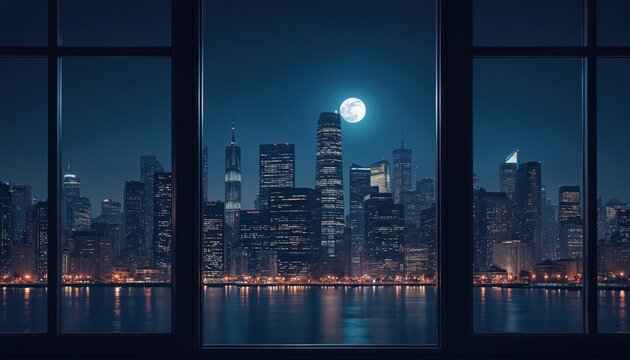 Fototapeta Night view of city skyline seen through window. Skyscrapers, buildings illuminated by city lights. Full moon visible above city. Calm water reflects city lights. Urban scene. Stylish city view.