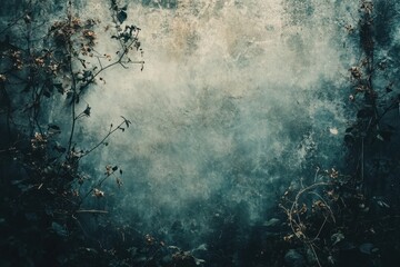 Obraz premium Aged concrete wall features climbing plants with dried leaves, creating a rustic and textured backdrop with a moody atmosphere