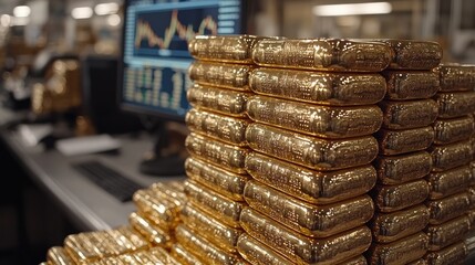 Gold bars stacked high in a modern facility with financial data visible