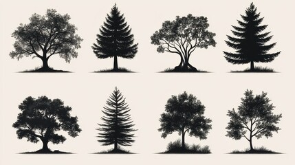 A collection of silhouetted trees arranged in a grid for design use.