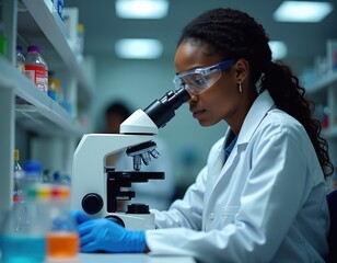Focused black female scientist examines microscope in bio lab. Performs research analysis with lab equipment. Modern tech in pro lab setting. Dedicated employee works in healthcare pharmaceutical