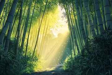 Warm sunlight streaming through a bamboo grove as the day begins