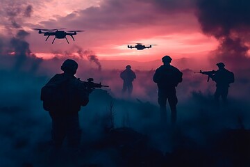 Military surveillance: soldiers observing drones during sunset operation