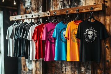 Obraz premium Variety of colorful t-shirts featuring skulls and heavy metal symbols, displayed on wooden walls