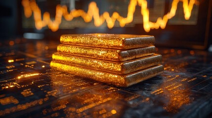 Gold bars stacked on financial chart with burning graph background. Potential use investment, finance, stock market illustration