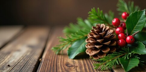 Pinecone and holly arrangement on a wooden table, decoration, winter