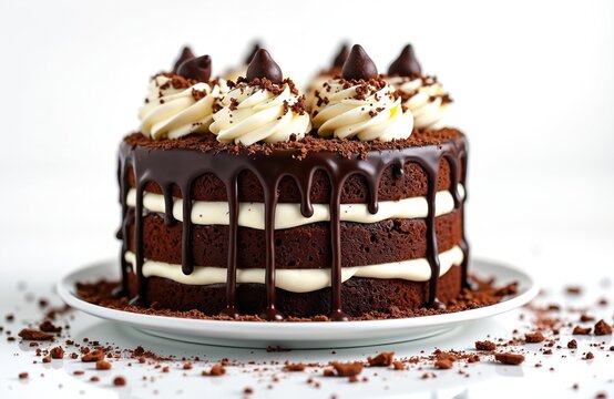 Decadent layered chocolate cake with white frosting, chocolate shavings. Cake several layers. Chocolate frosting drips down sides of cake. Beautiful presentation on white plate with chocolate