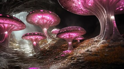 Vivid bioluminescent mushrooms illuminate a cave environment with ethereal light in a fantastical underground setting - Powered by Adobe