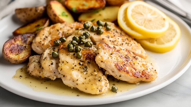 Italian chicken piccata lemon butter sauce and capers served with roasted potatoes on a sleek white plate
