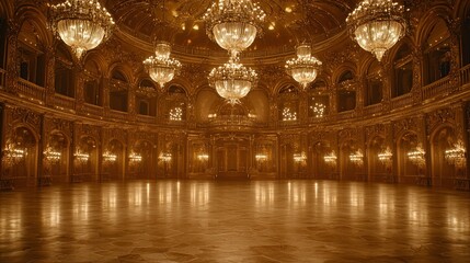 Obraz premium Golden ballroom, ornate chandeliers, empty space, elegant interior