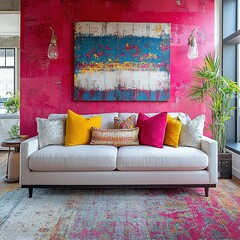 Vibrant living room design modern home interior styling cozy environment wide angle contemporary aesthetic