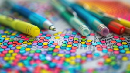 Obraz premium Vibrant grid puzzle design with colorful pens for creative projects
