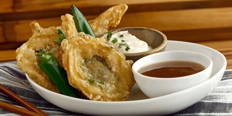 Crispy Fried Onion Blossoms:&nbsp;A delectable dish featuring golden-brown, crispy fried onion blossoms served with a creamy dipping sauce and a rich dark dipping sauce.