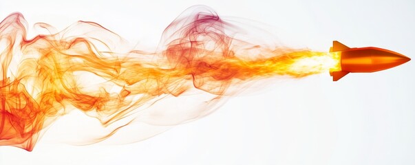 Orange rocket launching, white background, fiery trail