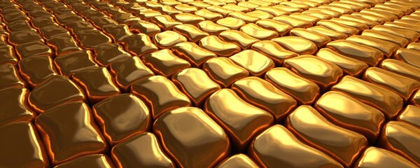 Obraz premium Abstract 3d illustration of golden blocks. Golden paving stones arranged in pattern. Luxurious, opulent design. Suitable for backgrounds in luxury, finance, tech sectors. Modern geometrical design.