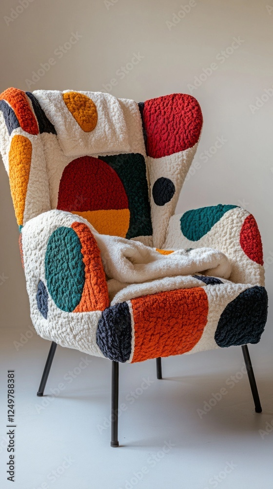 Poster This unique armchair features a vibrant, patchwork design with bold colors and shapes, perfect for adding character to any contemporary room. Soft textures invite relaxation and style