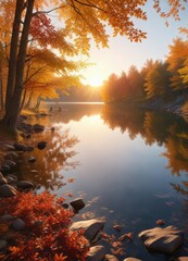 Serene morning sunrise over a peaceful lake with autumn leaves in the background , wooden table, lake