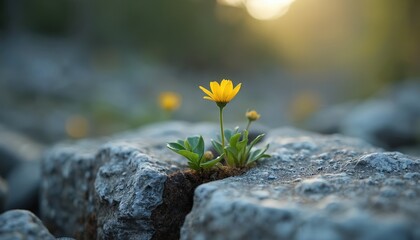 Small yellow flower grows between cracks in gray rocks. Resilience, adaptation evident in nature. Hope, strength amidst adversity visualized. Growth, determination seen in small flower thriving in
