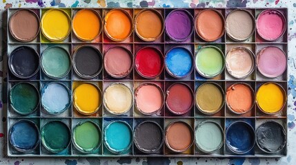 Fototapeta premium Artist's Palette: A Vibrant Array of Watercolor Paints in Organized Pan