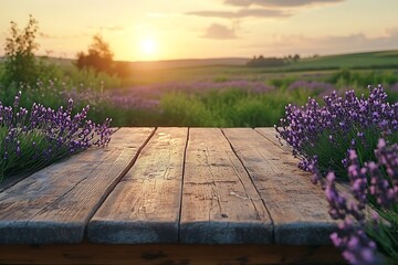 Wooden table with a view of a lavender field at sunset