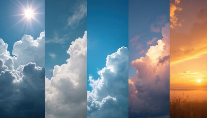 Collection of diverse weather conditions illustrated in horizontal graphic design. Vivid display of cloudscapes transitioning from sunny to stormy skies, sunrise. Shows different weather forecast