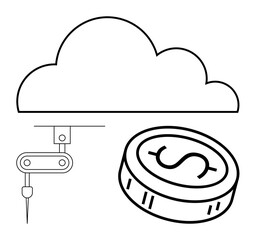 Robotic arm working below a cloud icon and a coin with a dollar sign. Ideal for technology, finance, automation, cloud computing, robotics, innovation, economic growth. Line metaphor