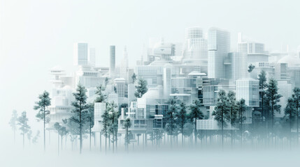 Winter Cityscape: A surreal, minimalist cityscape emerges from a dense pine forest, shrouded in a soft, ethereal mist, creating a dreamlike winter scene.  The buildings are monochromatic.