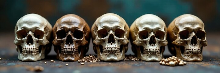 Skulls aligned in a row on a metallic surface, skulls, treasure