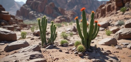 Small cactus with vibrant green stems growing on rocky terrain, small cacti, high contrast