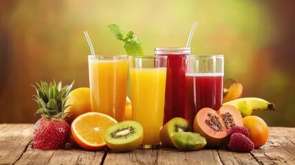 Fototapeta premium Automated fruit juice processing line extracting and bottling fresh juice.