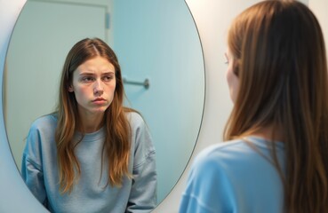 Young woman looking unhappy in bathroom mirror. Appears tired, insecure. Expression suggests feelings of distress, low self-esteem. Morning routine seems stressful. Personal crisis identity issue