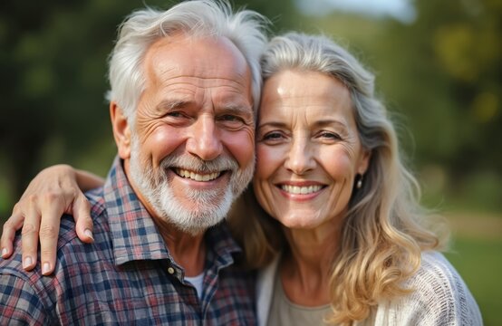 Senior couple embracing outdoors. Smiling happily. Outdoor gathering at home. Portrait style. Closeup. Showing love, connection. Summer day. Family celebration. Relaxed expressions. Older couple