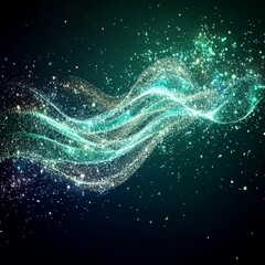 Abstract sparkling wave of twinkling particles in green and black background