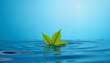 Single green leaf floating on calm blue water, Earth Day symbolism