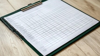 Blank grid on a clipboard for data recording or organization on wooden surface