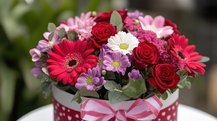 Beautiful floral gift box filled with fresh Valentine's Day flowers and a ribbon.