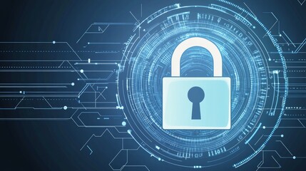 Digital cybersecurity lock icon on futuristic blue circuit background