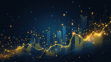 Futuristic financial growth concept with glowing stock market graphs, data visualization, and abstract city skyline in blue and gold tones. Copy space