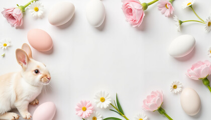 Delicate Easter background with pastel eggs, bunny, and floral elements