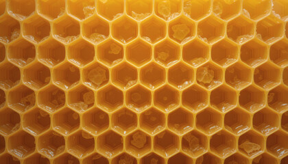 Honeycomb wax structure in golden yellow tones, natural geometric pattern with intricate texture, close-up shot, sustainable honeycomb, organic design, beeswax surface, geometric shapes, yellow honeyc