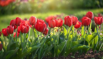 Obraz premium Red tulips on garden bed in May
